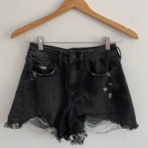 Black distressed denim shorts